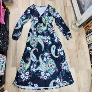 Yiliya‎ Floral Maxi Dress Paisley Print Long Sleeve Bohemian Dress S